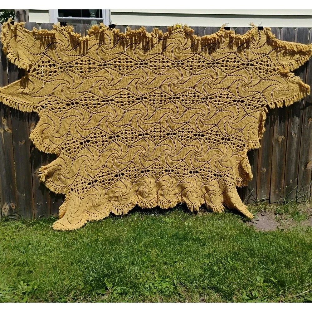 Vintage Mustard Yellow Crochet Afghan Blanket Pinwheel Starburst Fringe 112x65